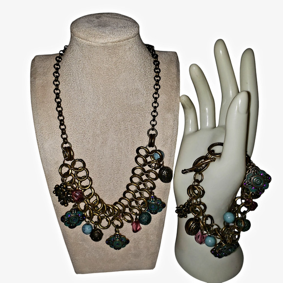 Premier Designs Boho Jewelry Set Charm Necklace Toggle Bracelet Y2K Relic Style - Picture 1 of 9